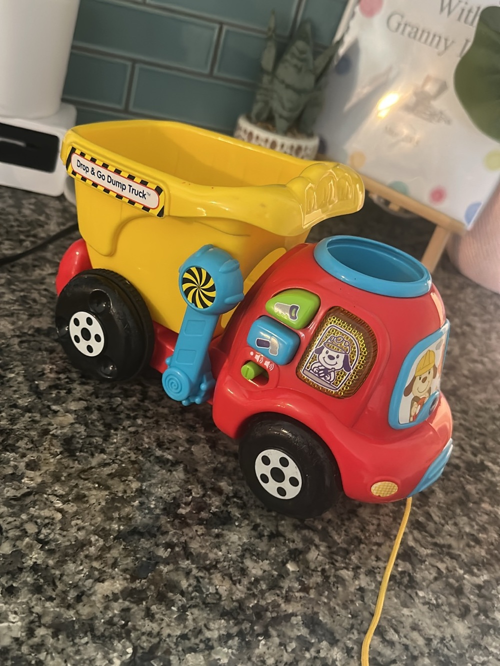 Red and Yellow Pull-Along Dump Truck Toy with Interactive Buttons